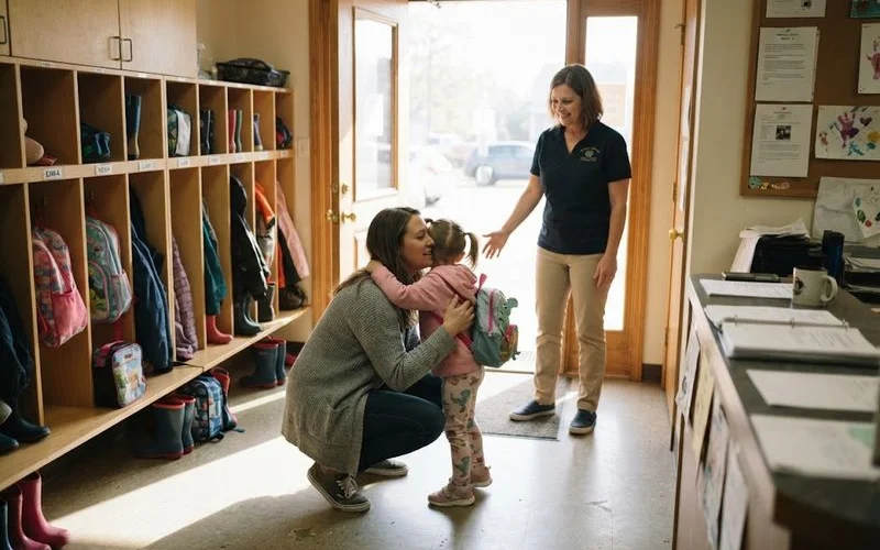 A parent giving a brief, warm goodbye to a child at a child care centre entrance while an educator waits nearby