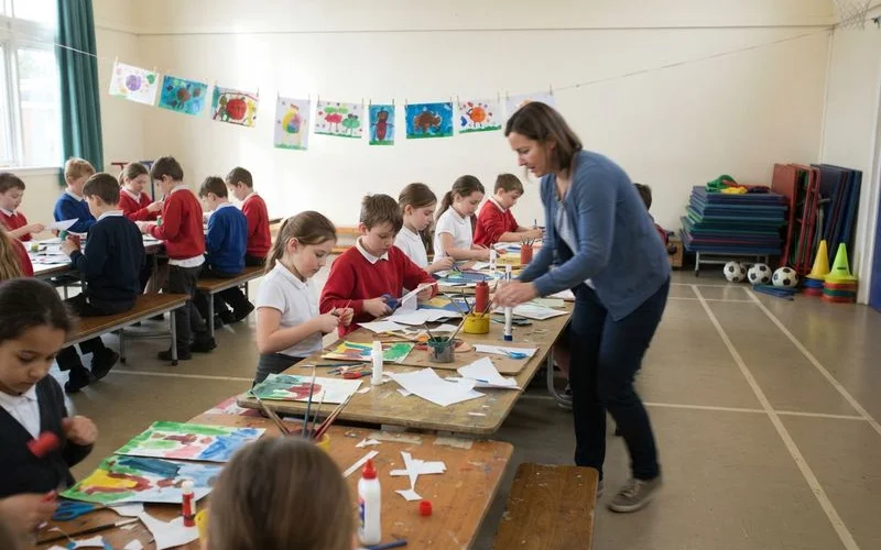 Children doing craft activities at a table during an after school care session, with an educator supervising nearby