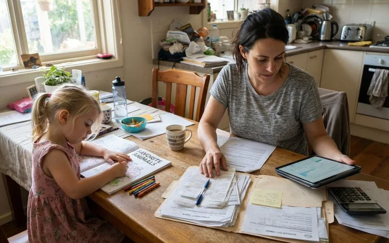 A parent using a laptop at a kitchen table to check child care subsidy details alongside a notepad