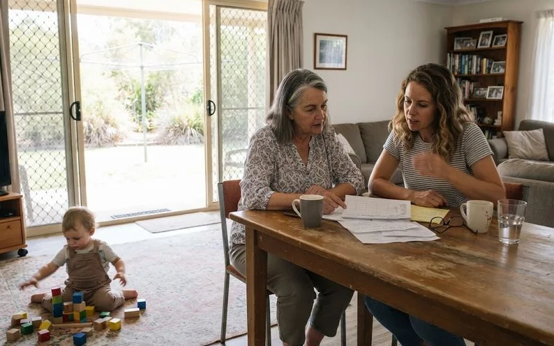 A grandparent playing with a young child at a kitchen table, representing a family backup care arrangement