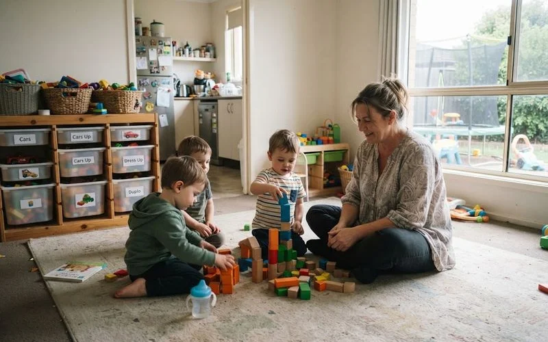 A family day care educator sitting on the floor with two young children doing a puzzle in a home living room setting