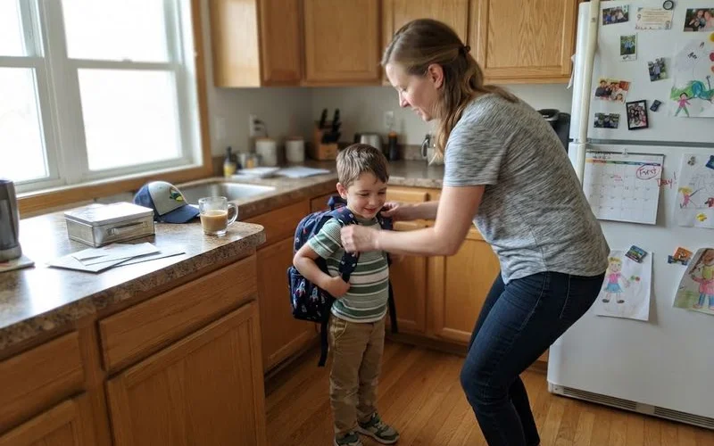 A child packing their own school bag with a parent nearby, preparing for the first day of kindergarten
