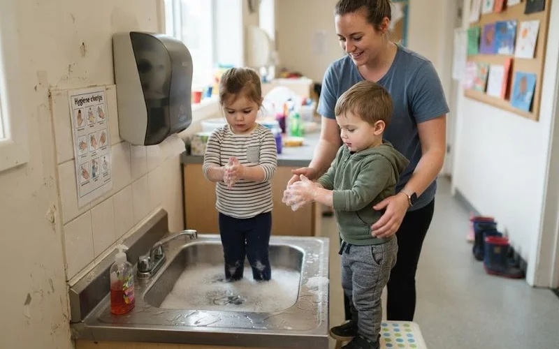 An educator supervising toddlers washing their hands at a low sink before mealtime at a child care centre