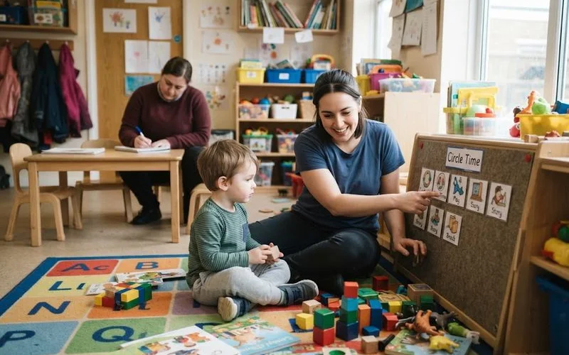 An educator sitting with a child using a visual schedule board as part of an individual support plan