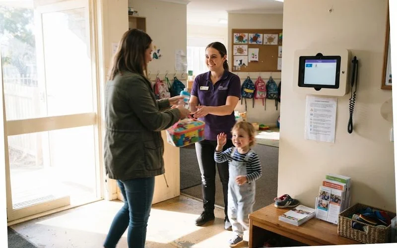 A parent in work clothes doing a calm handover with a child care educator during a morning drop-off