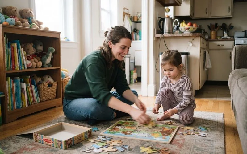 A nanny playing on the floor with two young children at home while a parent works nearby