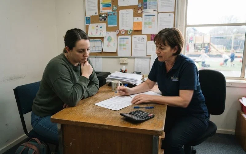 A parent reviewing a printed fee schedule with a child care centre director at a front desk