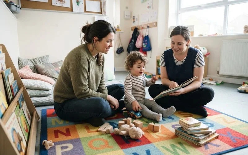 A toddler being greeted by an educator at a long day care centre entrance during a settling-in visit, with a parent nearby