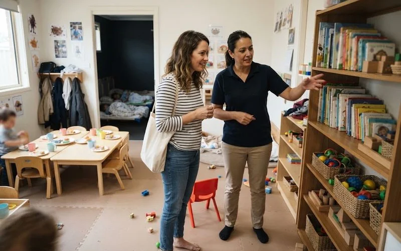 A parent and a centre director walking through a child care room during a tour, observing children at play